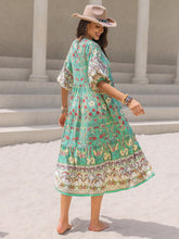 Ruched Printed Puff Sleeve Midi Dress OutfitFlow